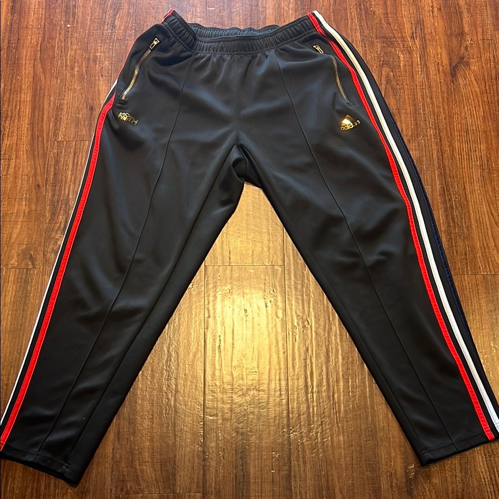 Rare KITH Adidas Black Soccer Track Pants with Red and White Stripes size large